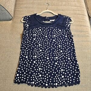 Anthro Meadow Rue Navy White Polka Dot Boho Preppy Casual Cottage Top Size XS